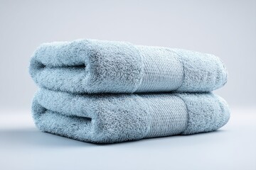 Two neatly folded light-blue, fluffy bath towels sit on a plain white background, showcasing their soft texture and rectangular shape