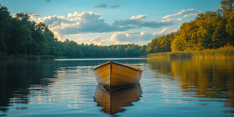A yellow rowboat floats serenely on a calm lake at sunset, surrounded by lush greenery.