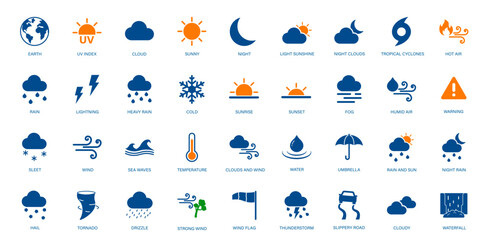 Weather icon. Weather forecast, climate, meteorology, temperature, storm, rain, snow, thunderstorm, sunny, cloudy. Solid vector icons collection.