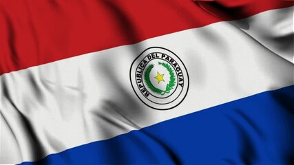 3D animation of the national flag of Paraguay waving in slow motion. Close-up view with realistic fabric texture in 4K resolution. Ideal for Independence Day, patriotic videos.