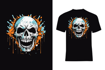 Fototapeta premium Spooky illustration of a skull with pumpkins and a full moon background, perfect for Halloween-themed t-shirt designs conveying eerie and festive vibes.