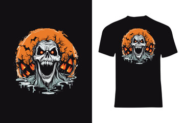 Fototapeta premium Spooky illustration of a skull with pumpkins and a full moon background, perfect for Halloween-themed t-shirt designs conveying eerie and festive vibes.