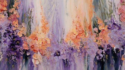 Colorful abstract artwork with floral elements and soft hues of orange and purple.