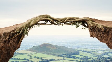 Obraz premium Majestic gnarled tree root bridging two earthy structures with textured surface, adorned with green leaves and vines, overlooking rolling hills and fields.