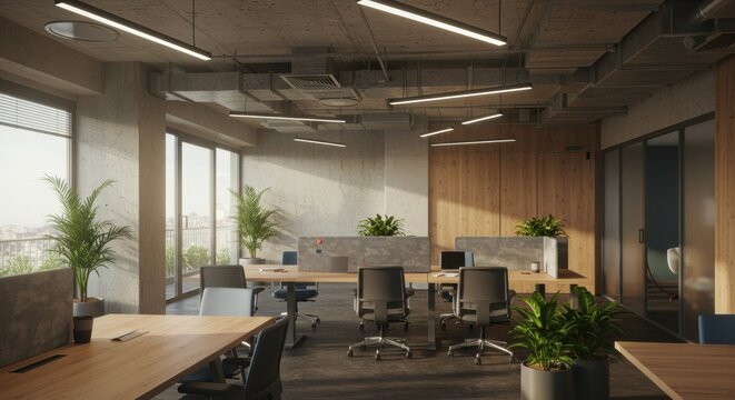An Industrial Corporate Coworking Space with Shared Worktables
