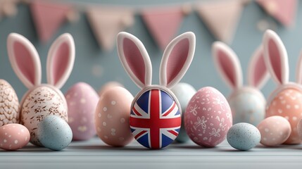 Easter parade broadcast set with a British flag, pastel eggs, bunny ears, and a cheerful white haze