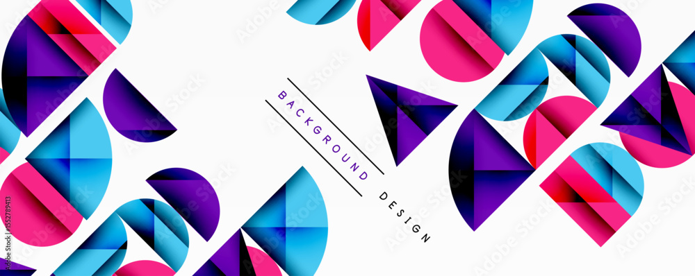 Poster Abstract geometric shapes overlap, creating vibrant colorful pattern. White background provides contrast, modern design element.