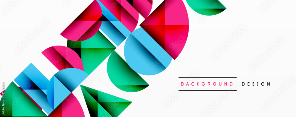 Poster abstract geometric shapes overlap, creating vibrant colorful design. white background provides clean