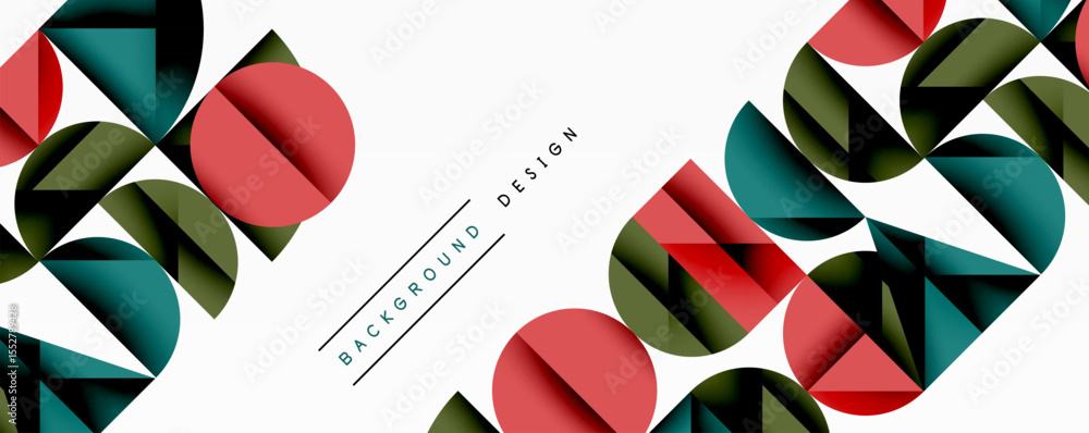 Poster abstract geometric pattern. circles, triangles overlap creating modern design. red, teal, olive hues