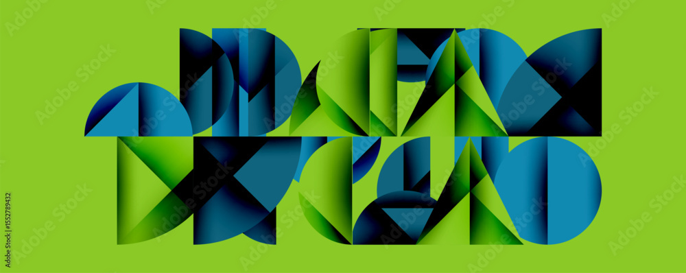 Aufkleber abstract geometric shapes overlap, creating dynamic composition. blue hues contrast vibrant green ba