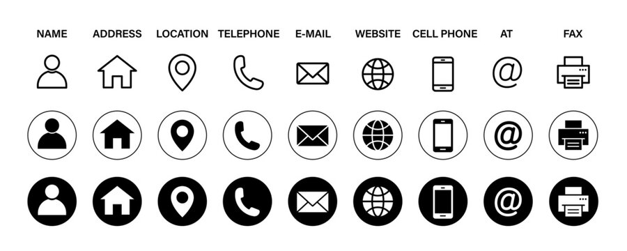 Contact information icon for business card. Containing name, address, map pin, globe, e-mail, location, website, fax, phone call at symbol. Silhouette and outline circle style. Vector illustration.	