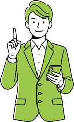 Confident Businessman: Man in Green Suit Pointing Up with Smartphone, Illustration Style.