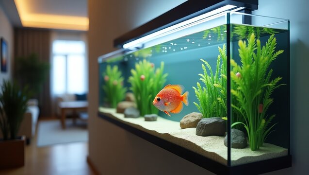 Aquarium fish tank with decorative aquatic plants