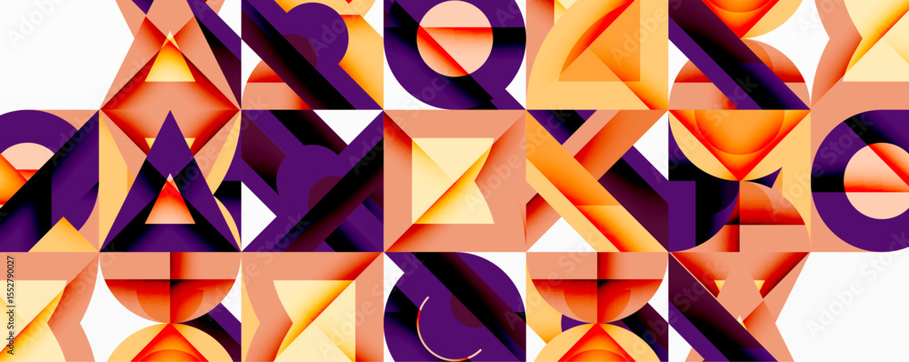 Poster geometric patterns dominate image. orange, purple hues create abstract mosaic. shapes interlock, for