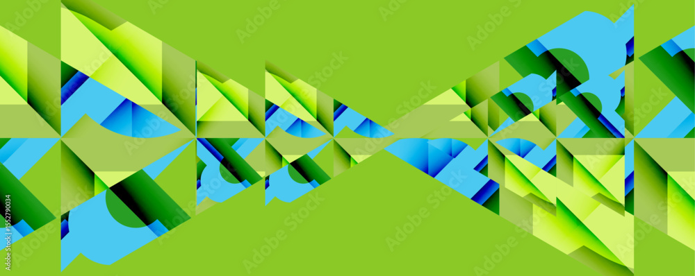 Poster abstract geometric shapes create dynamic visual effect. green, blue hues dominate composition, sugge