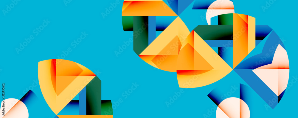 Poster abstract geometric shapes overlap, creating dynamic composition. bright orange, blue, green hues dom