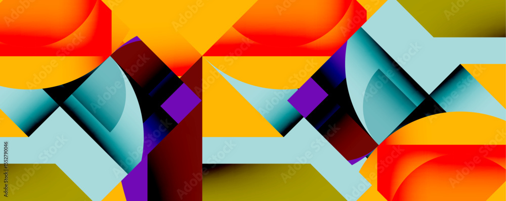 Poster Abstract geometric composition. Bold colors, curved shapes, sharp angles create dynamic visual pattern. Modern design elements present.