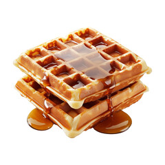 Golden waffles stacked with sweet syrup dripping, isolated on white transparent background. Concept of breakfast treat.