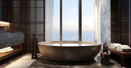 Luxurious, modern bathroom with a freestanding stone soaking tub and city views.