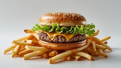 Close up of tasty burger isolated on white background. french fries and the burger with meat, cooking a burger at home. junk fast food.