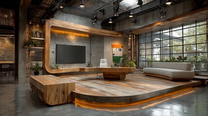 Elegant newsroom design with an Indian flag, wood accents, and a professional yet inviting atmosphere