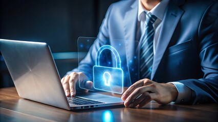 A businessman types on a laptop with a digital lock graphic