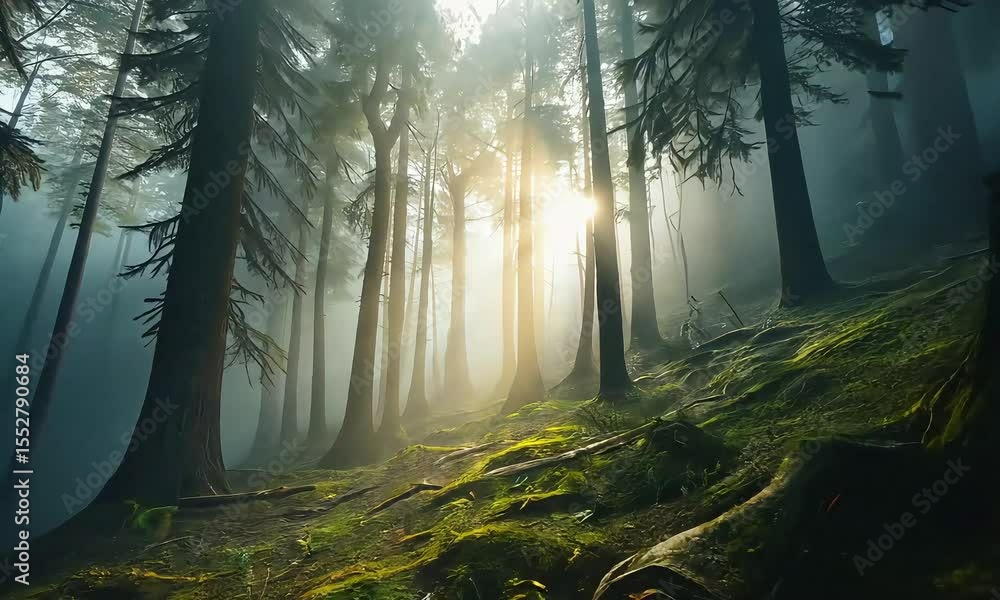 Poster enchanted forest at dawn with sunlight filtering through ancient trees