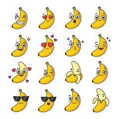 Collection of Cute Banana Fruit Emojis with Various Expressions and Feelings	