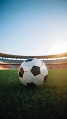 Fototapeta premium Soccer ball on green grass ready for a game at the stadium with bright sky and sun shining behind