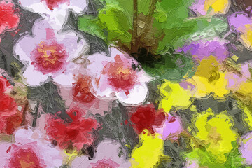 Various oil paintings, floral landscapes, lakes, tulips, roses, peonies, forests, chrysanthemums, birds, swans