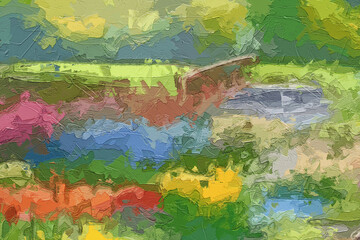 Various oil paintings, floral landscapes, lakes, tulips, roses, peonies, forests, chrysanthemums, birds, swans