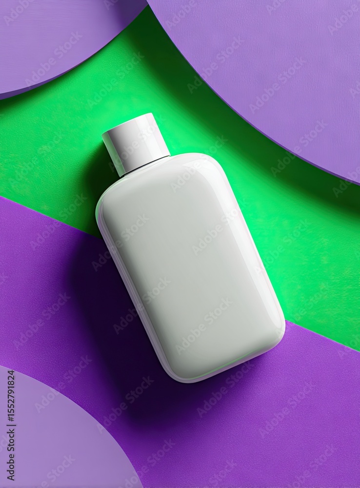 Poster white rectangular bottle on vibrant green and purple background featuring overlapping circular shape
