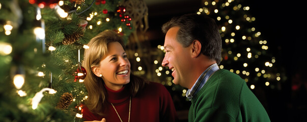 Couple enjoying holiday cheer by the Christmas tree during a festive evening in December