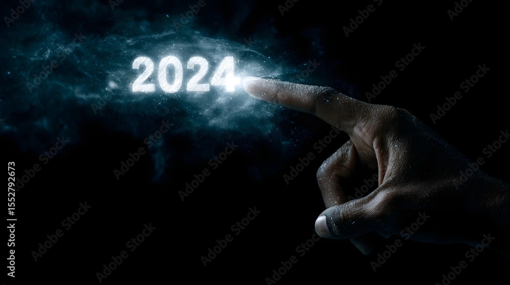 Poster a hand interacts with a futuristic countdown hologram projecting the year 2024