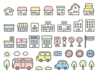 家やお店、いろいろな建物のイラストセット