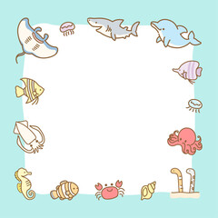 夏の海の魚の正方形のフレーム、海の生き物の飾り枠