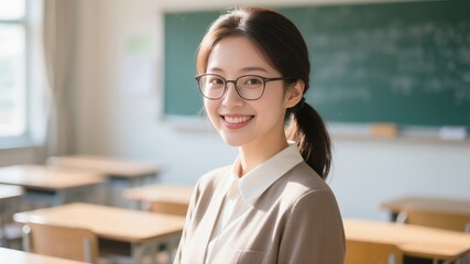 A close-up of a young Asian female teacher wearing glasses	