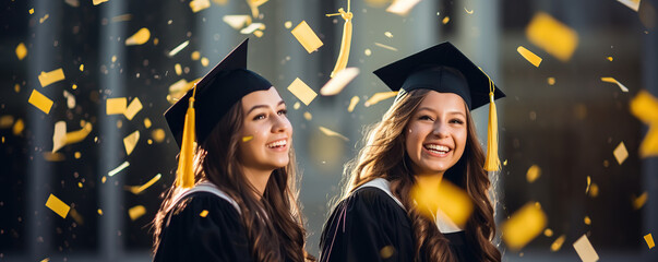 Two joyful graduates celebrate their achievement with confetti in a sunny outdoor setting during a graduation ceremony