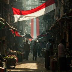 Vibrant Indian Market Street Scene with Indonesian Flag Banner