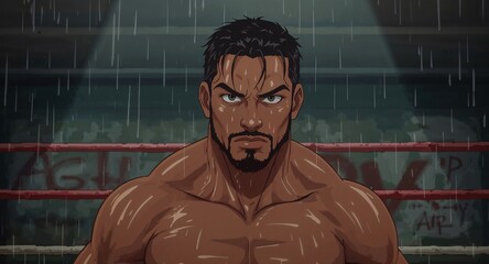 African fitness model drenched in sweat in gritty urban boxing gym anime cartoon illustration