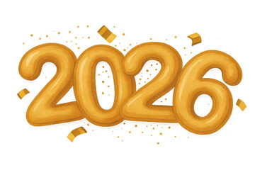 Golden 2026 digits with festive confetti flat cartoon design isolated on white background