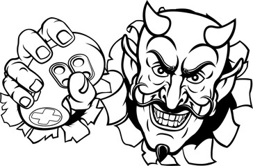 A devil or satan gamer mascot holding video game controller playing games cartoon character