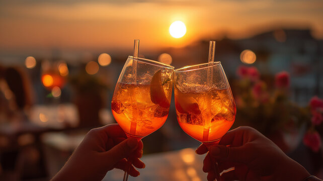 Colorful cocktails clink as the sun sets, creating a joyful vibe of friendship and relaxation Generative AI