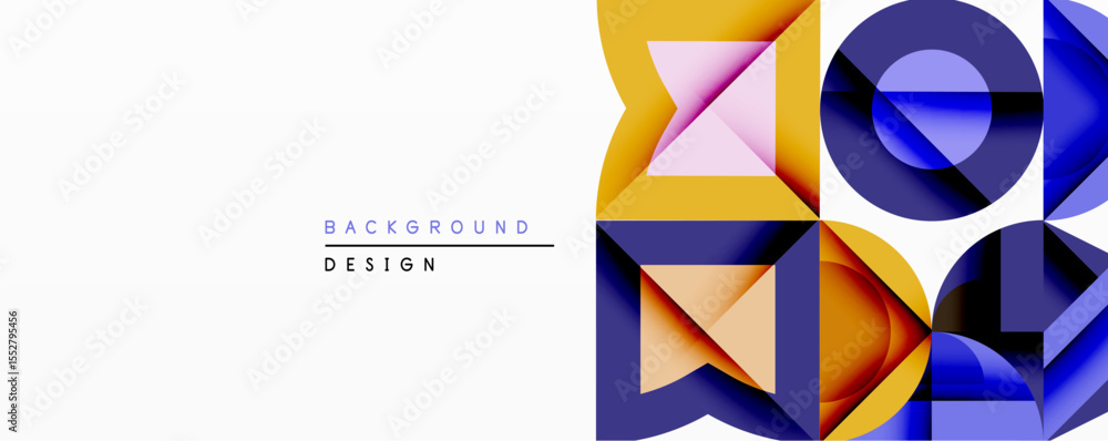 Poster Abstract geometric composition. Overlapping shapes create dynamic visual effect. Warm colors contrast cool tones. Modern design element for backgrounds, presentations.