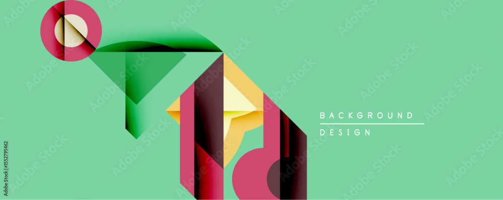 Poster abstract geometric design features overlapping shapes, vibrant colors. composition includes circles,