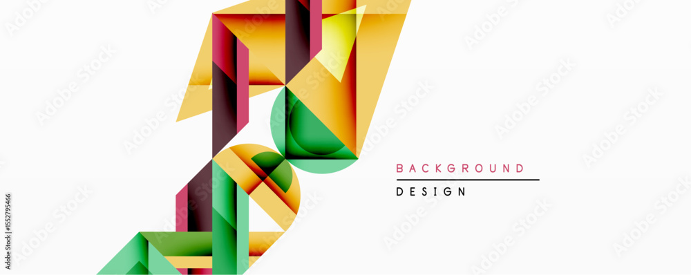 Poster Abstract geometric design features vibrant overlapping shapes. Yellow, green, maroon hues create dynamic composition. Modern aesthetic suitable for backgrounds, presentations.