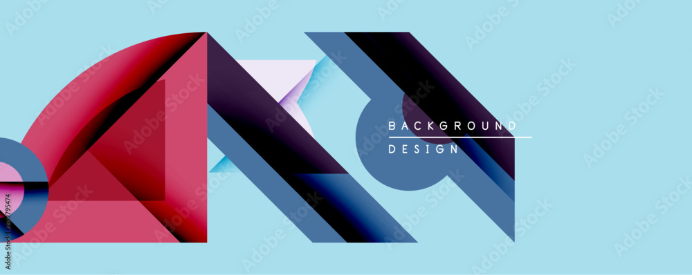 Aufkleber Abstract geometric composition. Overlapping shapes create dynamic visual effect. Gradient colors, blue, purple, red dominate design. Modern aesthetic, clean lines.