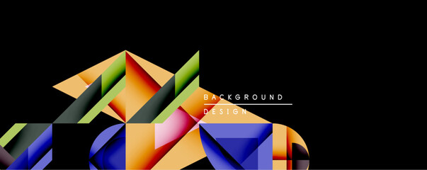 Abstract geometric shapes overlap, creating vibrant colorful composition. Dark background emphasizes bright forms, modern design element. Minimalist aesthetic.