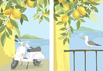 Mediterranean Journey. Backgrounds with embankment of the resort town. Hand drawn vector illustration in watercolor style, poster or postcard with citrus and seascape.	