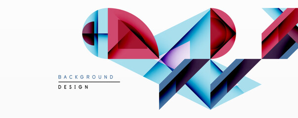 Abstract geometric design features vibrant polygonal shapes. Red, blue, purple hues create dynamic composition. Modern style, clean lines, suitable background element.
